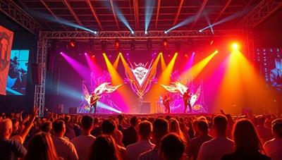 An electrifying virtual music festival stage with animated performers, vibrant visuals, and a virtual crowd grooving to the music, capturing the energy and excitement of a live music experience in the immersive world of SoundScape Fest.