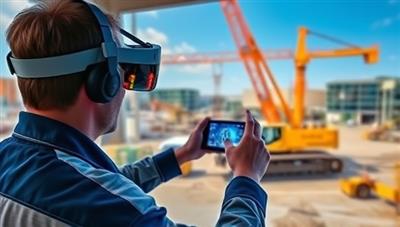 An augmented reality simulation showcasing a user wearing AR glasses and interacting with a virtual crane model, practicing operation controls and safety procedures in a realistic construction site setting, illustrating the immersive and interactive training experience offered by the AR equipment simulation platform.