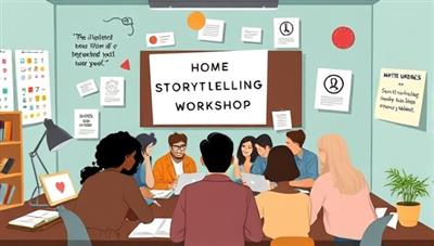 An online class scene featuring a diverse group of participants engaged in a storytelling workshop, surrounded by digital writing tools, inspirational quotes, and creative prompts, fostering a collaborative and imaginative learning environment for aspiring storytellers.