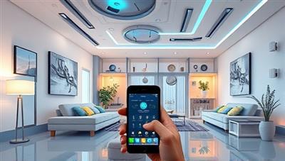 An artistic representation of a futuristic smart home environment with interconnected devices, automated lighting, climate control, and security systems, controlled seamlessly through the HomeIQ Control app on a smartphone, showcasing the convenience and efficiency of smart home automation.