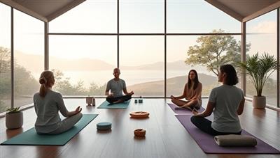 A serene digital retreat setting with virtual yoga mats, calming nature visuals, wellness props, and participants engaging in a meditation session led by a wellness expert, evoking tranquility and mindfulness characteristic of Serenity Haven Escapes' remote wellness experiences.