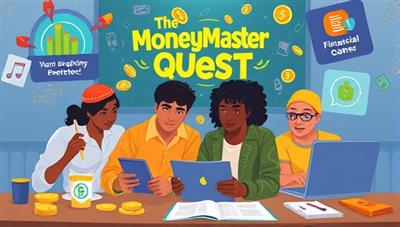 A digital illustration of a group of diverse players immersed in the MoneyMaster Quest gaming platform, with virtual coins, financial goals, and educational elements integrated into the gameplay, symbolizing learning, achievement, and financial mastery through interactive gaming experiences.
