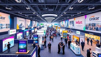 An innovative virtual event platform interface showcasing a bustling virtual conference hall with engaging booths, interactive sessions, and networking areas, creating a dynamic and immersive online event experience.
