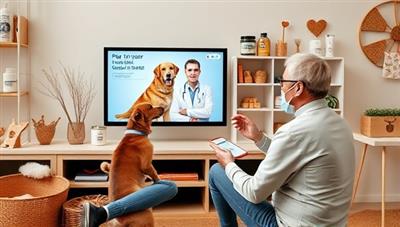 A heartwarming image of a pet owner engaging with a virtual veterinarian on a digital screen, discussing their pet's health and well-being, surrounded by pet care products, healthy treats, and playful toys, illustrating the caring and informative environment of Pawsitive Wellness Hub.