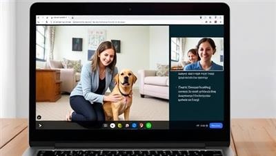 A virtual pet training session displayed on a laptop screen, featuring a professional trainer interacting with a pet through video conferencing, demonstrating positive training techniques and behavior modification exercises in a virtual and engaging setting, reflecting the virtual training services offered by Pawsitive Virtual Training.