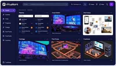 A virtual event planning dashboard displaying various event elements such as guest lists, agenda schedules, virtual venue layouts, and interactive engagement features, creating a visually captivating and professional event planning environment.