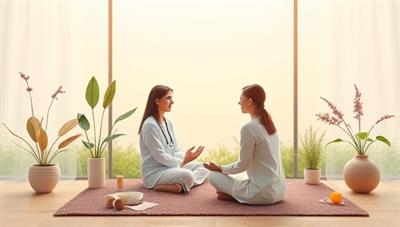 An uplifting and serene virtual therapy scene featuring a therapist conducting a virtual counseling session with a client, surrounded by calming nature elements and mindfulness tools, conveying a sense of peace, support, and emotional healing.