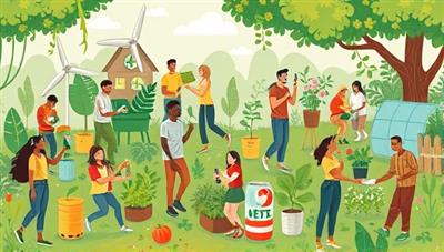 An illustration of a diverse group of people engaging in sustainable activities like recycling, gardening, and using renewable energy sources, set against a backdrop of a lush green environment, emphasizing the theme of eco-friendly living and community involvement.