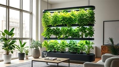 An artistic rendering of a sleek, vertical hydroponics system with vibrant green plants growing in a modern living room, surrounded by natural light and stylish decor, reflecting a harmonious blend of nature and urban living.