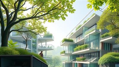 An abstract digital artwork depicting a harmonious blend of nature and modern architecture, symbolizing the integration of sustainability into architectural design practices.