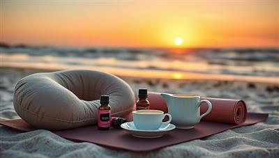 A serene travel setting with a cozy travel pillow, essential oils, a yoga mat, and a calming tea set up on a tranquil beach at sunset, conveying a sense of relaxation and well-being amidst travel.