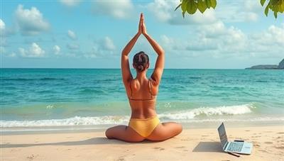 A serene image capturing a remote worker practicing yoga on a tranquil beach, with a laptop and notepad nearby, surrounded by lush greenery and calming waves, symbolizing the harmony between work and wellness at ZenRemote Retreats.