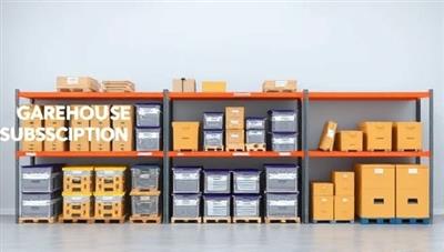 An aesthetically pleasing flat lay image of a warehouse organization kit with labeled shelves, neatly arranged storage containers, and digital inventory management tools, conveying the simplicity and effectiveness of the subscription service.