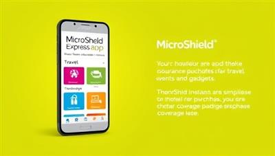 An eye-catching digital illustration of a smartphone screen displaying the MicroShield Express app interface with colorful micro-insurance options for travel, events, and gadgets, showcasing simplicity and convenience for instant coverage purchase.