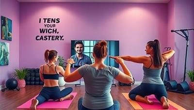 A vibrant and energetic virtual workout session scene, showing a coach guiding clients through exercises via a video call, with motivational quotes in the background and fitness equipment visible around the room, inspiring a sense of empowerment and progress.