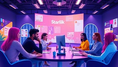 An artistic representation of a virtual talent agency setting, showcasing digital avatars of content creators engaging in creative collaborations, brand partnerships, and career development sessions within a vibrant and dynamic online talent community, highlighting the innovative and supportive environment of StarLink Talent Hub.