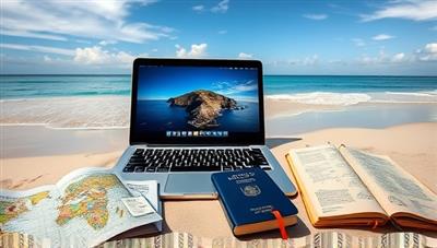 An inspiring digital nomad scene featuring a laptop on a picturesque beach, a passport with travel stamps, a map with pinned destinations, and a journal for remote work reflections, symbolizing the freedom and adventure of the digital nomad lifestyle.
