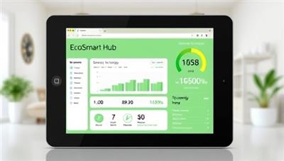 An integrated smart home system displaying the EcoSmart Hub dashboard on a tablet, showing real-time energy usage statistics, smart devices being controlled remotely for energy optimization, and a green energy efficiency rating, promoting a sustainable and tech-savvy lifestyle.