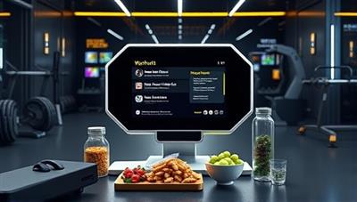 A sleek and modern AI device displaying workout suggestions, surrounded by fitness equipment and healthy snacks, creating a futuristic and motivational fitness atmosphere.