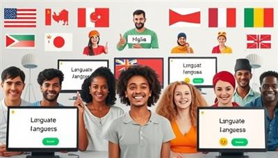 An engaging visual of a diverse group of language learners participating in a virtual language exchange session, with interactive language exercises displayed on screens and cultural symbols representing different languages in the background, highlighting the platform's inclusive and immersive language learning environment.