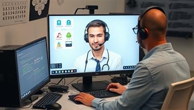 A virtual tech support setup with a technician assisting a client remotely on a computer screen, surrounded by tech gadgets and tools, conveying professionalism and expertise in resolving tech issues online.