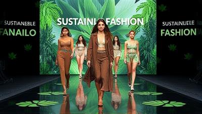 An artistic representation of a virtual sustainable fashion show featuring models showcasing eco-friendly clothing and accessories on a digital runway, surrounded by nature elements and sustainable fashion slogans, highlighting style and sustainability.