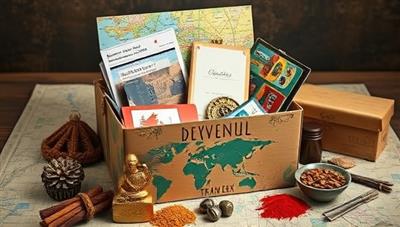 An enticing image of a beautifully wrapped travel adventure box overflowing with colorful trinkets, maps, and exotic spices, evoking a sense of wanderlust and discovery.