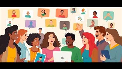 An engaging digital illustration of diverse individuals interacting through a virtual language exchange, showcasing a vibrant and inclusive community of language learners.