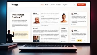 An imaginative visualization of a writer's digital portfolio displayed on a sleek and modern website interface, featuring captivating writing samples, testimonials from satisfied clients, and interactive elements that showcase the writer's versatility and expertise, creating a powerful online presence for writers.