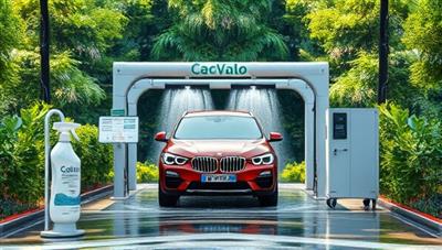 A serene car wash scene featuring eco-friendly cleaning products, water recycling systems, and lush greenery surrounding the washing area, depicting a harmonious blend of nature-friendly practices and automotive care services.