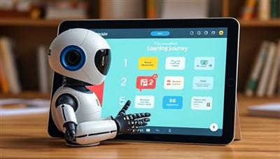 An innovative AI assistant character guiding a user through a personalized learning journey on a tablet screen, with interactive quizzes and engaging educational content in the background, symbolizing adaptive and engaging education technology.