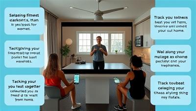 An engaging visual of a virtual fitness coach leading a workout session on a digital platform, with participants following along from home, tracking progress on their devices, and celebrating fitness milestones together in a motivating and supportive environment.
