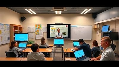 A dynamic virtual classroom environment with a tutor leading an engaging lesson, surrounded by digital study materials and interactive tools, creating an immersive and effective learning experience.