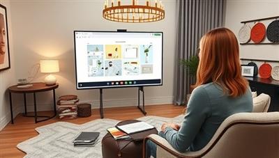 An elegant virtual design studio with a designer showcasing a digital mood board and room layout to a client on a video call, surrounded by fabric swatches and decor samples, illustrating the convenience and creativity of remote interior design consultations with DesignScape Virtual.