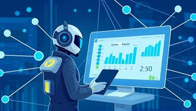 An illustration of a futuristic virtual assistant (Genie) managing a digital dashboard of expense reports and receipts, surrounded by a network of interconnected data points, symbolizing efficiency and automation.