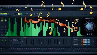 An artistic representation of a digital audio workstation interface with musical notes floating around, symbolizing creativity and innovation in music production education.