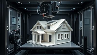 An advanced 3D printer in action, constructing modular housing components with precision and speed, showcasing the futuristic technology and innovative approach of ModuPrint Homes in the construction industry.