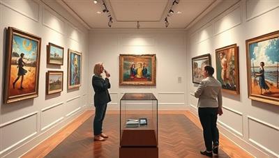 An elegant virtual art gallery setting with diverse artworks displayed on digital walls, viewers interacting with the pieces, attending a virtual artist talk, and making art purchases seamlessly on ArtVista, creating a sophisticated and immersive art appreciation experience.