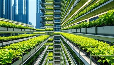 An urban skyscraper with multiple floors dedicated to indoor farming, featuring rows of lush green plants under LED grow lights, highlighting the innovative and sustainable farming practices.