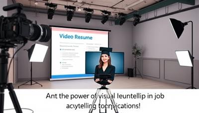 An engaging visual of a professional setting filming a video resume, with lights, cameras, and a confident candidate presenting their skills and experiences, exuding professionalism and modernity, with a tagline emphasizing the power of visual storytelling in job applications.