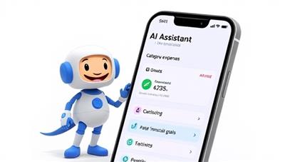 An animated character representing the AI assistant in the budgeting app, displaying a friendly and futuristic design, assisting a user in categorizing expenses and setting financial goals on a smartphone screen.