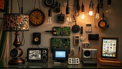 An artistically arranged display showcasing upcycled tech products like lamps made from old circuit boards, phone cases from recycled plastics, and innovative accessories crafted from outdated electronics, highlighting creativity and sustainability.
