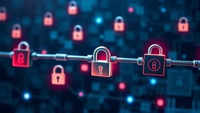 An abstract representation of digital data blocks interconnected in a secure chain, surrounded by virtual padlocks and shields, symbolizing the impenetrable security and encryption provided by the SecureChain platform.