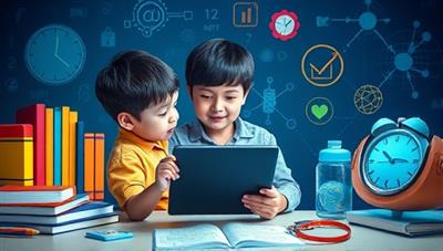An engaging visual representation of a student interacting with a virtual tutor on a tablet, surrounded by educational tools and dynamic learning content, illustrating a personalized and interactive learning experience powered by AI technology.
