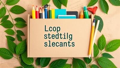 An aesthetically pleasing package showcasing a variety of eco-friendly school supplies neatly arranged, surrounded by green leaves and recycled paper textures, conveying the concept of sustainable learning resources and environmental responsibility.