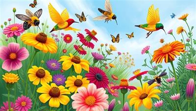 A colorful and enchanting illustration of a blooming pollinator garden filled with vibrant flowers attracting bees, butterflies, and hummingbirds, set against a backdrop of blue skies and lush greenery, evoking a sense of harmony and biodiversity in the garden ecosystem.