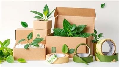An artistic representation of eco-friendly packaging materials, featuring biodegradable boxes, compostable fillers, and recyclable tapes adorned with green leaves and symbols of sustainability, conveying the eco-conscious ethos of GreenPac Solutions.