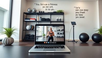 A sleek and modern virtual fitness studio setup with a laptop displaying an online workout session, a shelf of fitness equipment in the background, and motivational quotes on the wall, creating an inviting and energetic atmosphere.