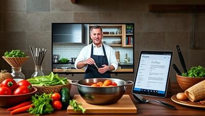 A virtual cooking class setup with a chef demonstrating a recipe on-screen, surrounded by fresh ingredients, cooking utensils, and a digital recipe guide, illustrating the immersive and interactive culinary experience offered by Culinary Streamline's subscription service.