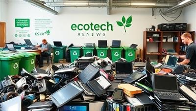 A collection of discarded electronic devices being sorted and refurbished in a sustainable tech recycling center, with technicians working on laptops and smartphones, recycling bins for e-waste disposal, and eco-conscious branding, highlighting the environmental mission and impact of EcoTech Renew's initiative.